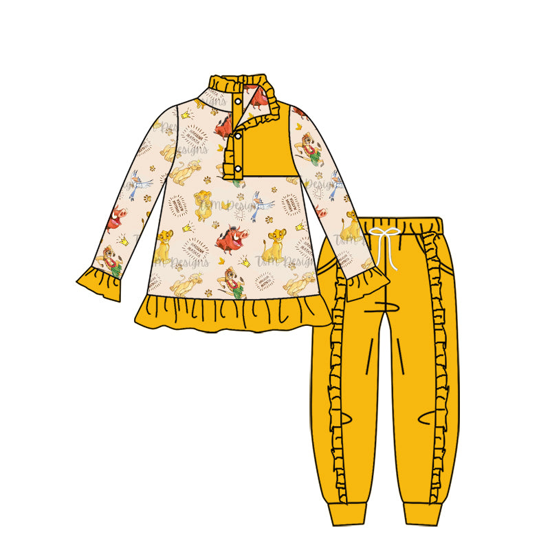 11.16(Custom Design Preorder MOQ 5) Cartoon Lion Pullover Top Yellow Pants Girls Fall Clothes Set