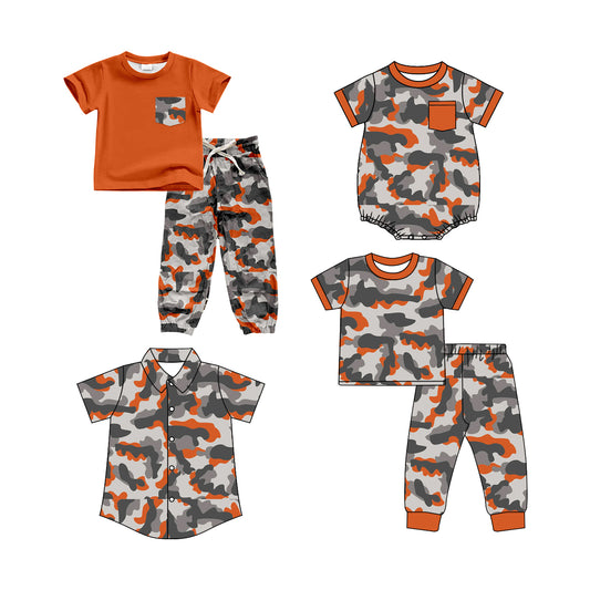 12.8 (Custom Design Preorder MOQ 5 Each Design) Orange Grey Camo Print Boys Matching Clothes Brothers Wear