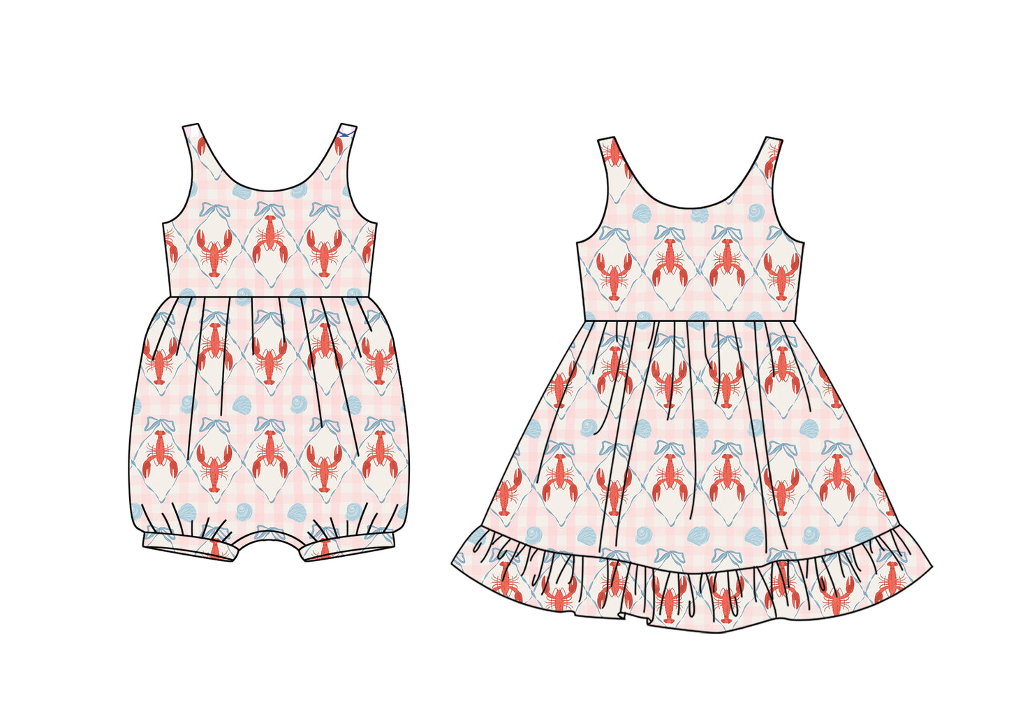 12.5 (Custom Design Preorder MOQ 5 Each Design) Crayfish Bows Shell Print Girls Summer Matching Clothes Sisters Wear