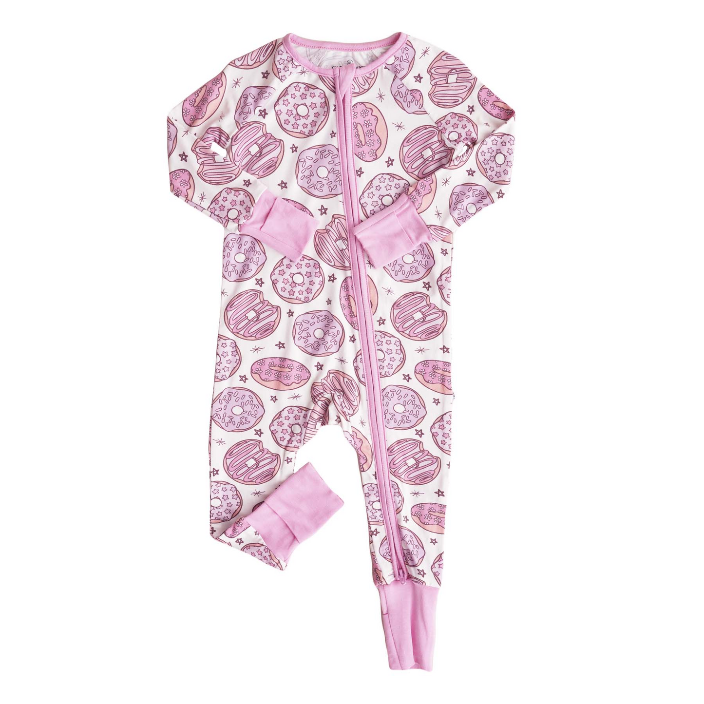 (Custom Design Preorder MOQ 5)  Pink Donut Print Baby Girls Bamboo Fall Sleeper Zipper Romper