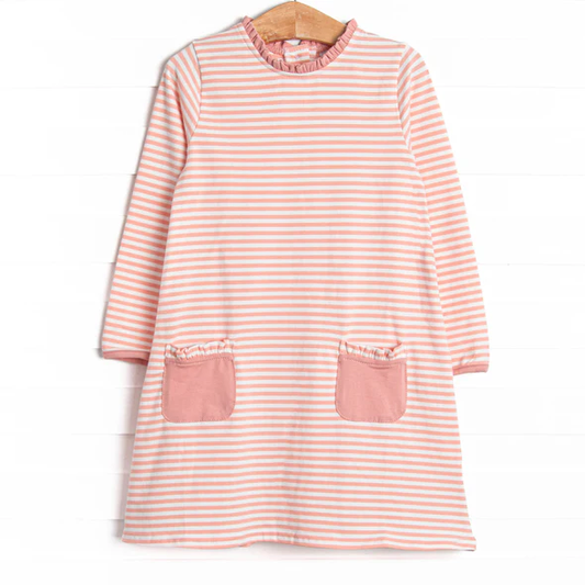 (Custom Design Preorder MOQ 5) Pink Stripes Print Pockets Girls Knee Length Dress