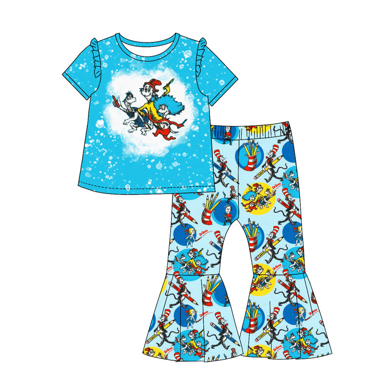 (Custom Design Preorder MOQ 5) Dr.Reading Pen Blue Top Bell Pants Girls Clothes Set
