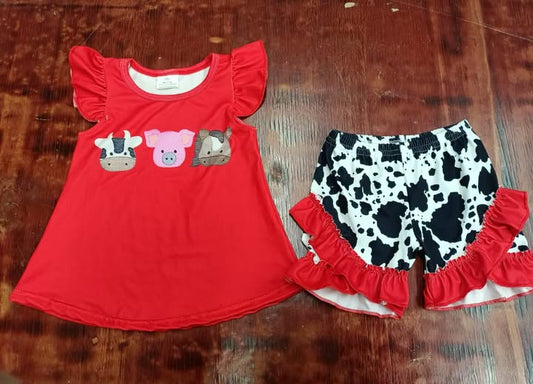 (Custom Design Preorder MOQ 5) Cow Pig Horse Red Top Cows Print Shorts Girls Summer Clothes Set