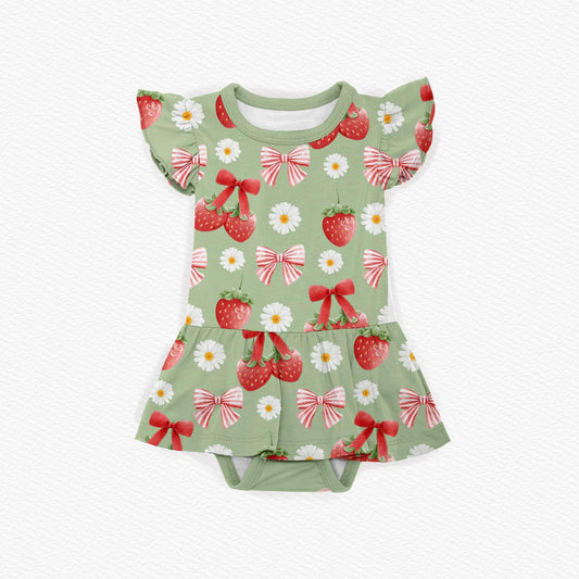 (Custom Design Preorder MOQ 5) Strawberry Bows Flowers Print Baby Girls Summer Romper