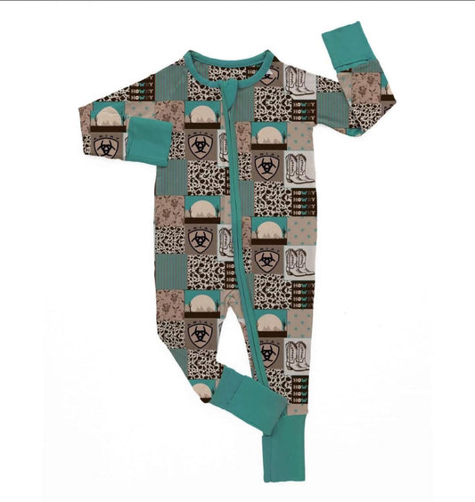 (Custom Design Preorder MOQ 5) Howdy Boots Plaid Print Baby Sleeper Zipper Romper