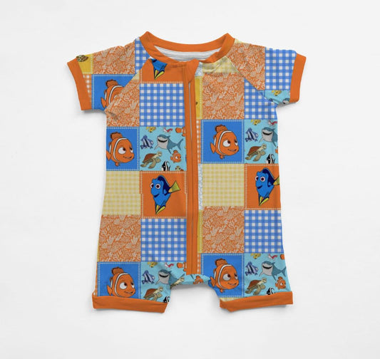 (Custom Design Preorder MOQ 5) Cartoon Fish Plaid Print Baby Summer Zipper Romper