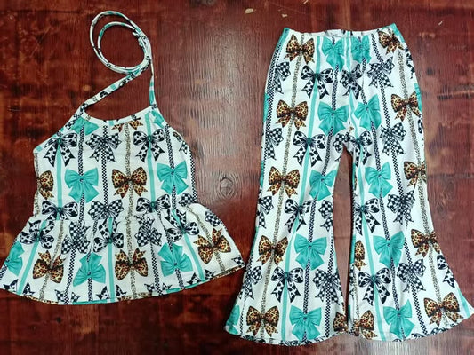 (Custom Design Preorder MOQ 5) Bows Print Halter Top Bell Pants Girls Western Clothes Set