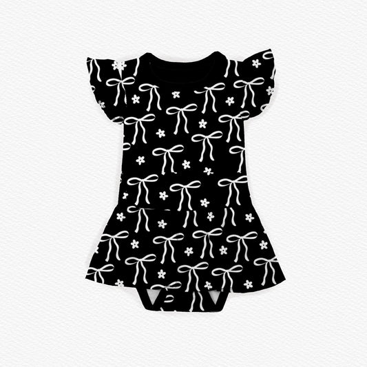 (Custom Design Preorder MOQ 5) Black Bows Flowers Print Baby Girls Summer Romper
