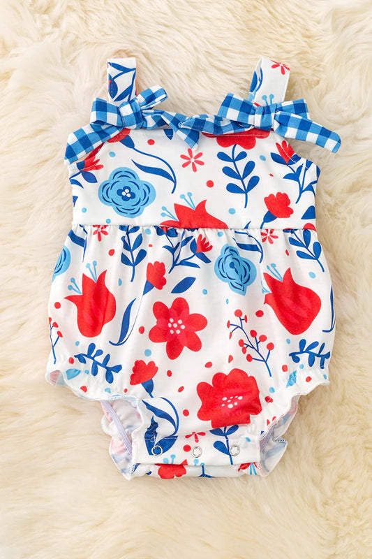 (Custom Design Preorder MOQ 5) Flowers Print Baby Girls 4th of July Romper