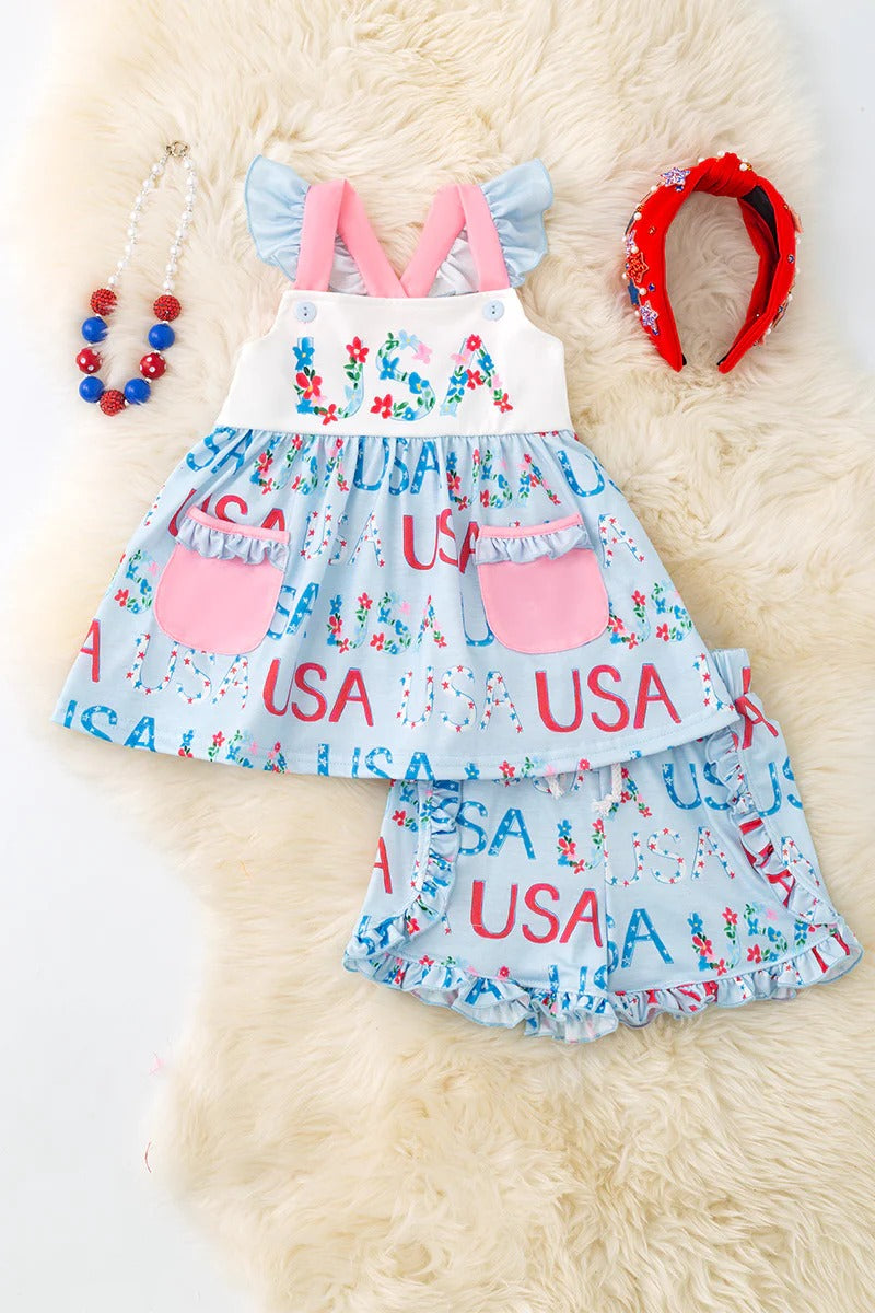 (Custom Design Preorder MOQ 5) USA Flowers Pockets Tunic Top Ruffle Shorts Girls 4th of July Clothes Set