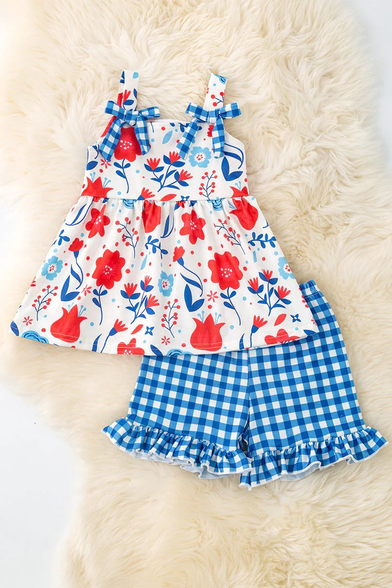 (Custom Design Preorder MOQ 5) Flowers Tunic Top Blue Plaid Shorts Girls 4th of July Clothes Set