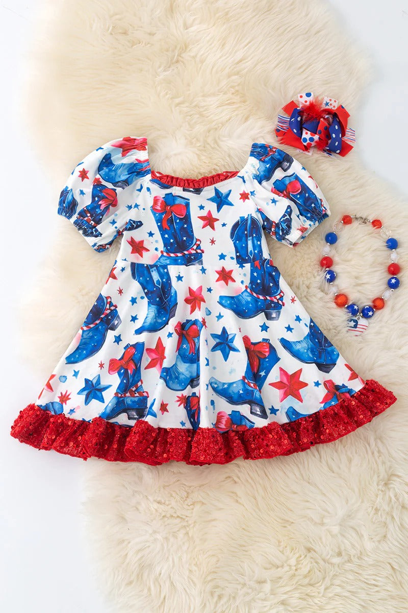 (Custom Design Preorder MOQ 5) Bows Stars Print Girls 4th of July Knee Length Dress