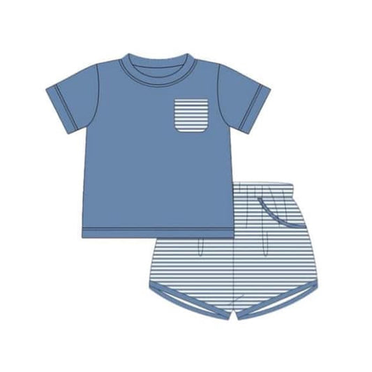 (Custom Design Preorder MOQ 5)  Blue Pocket Top Stripes Shorts Boys Summer Clothes Set