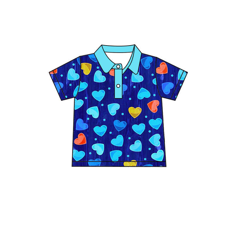 (Custom Design Preorder MOQ 5) Blue Heart Print Boys Valentine's Polo Tee Shirts Top