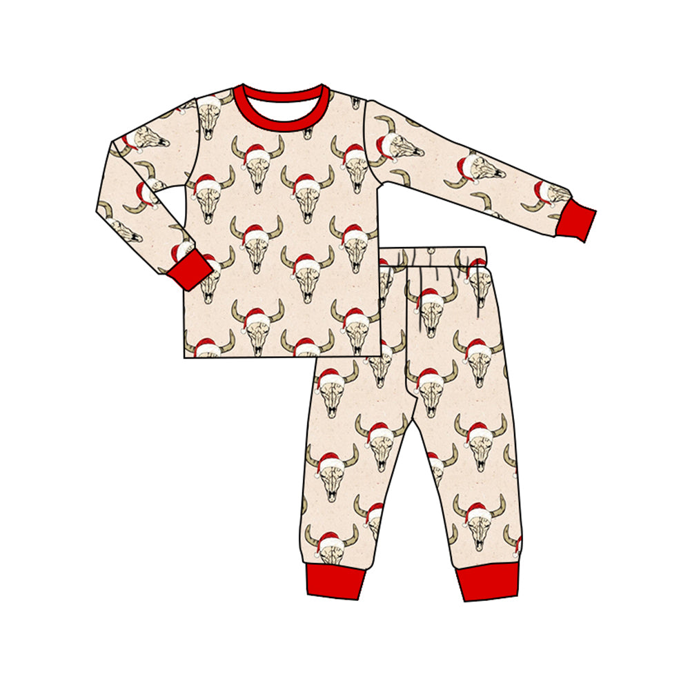 (Custom Design Preorder MOQ 5) Cow Skull Print Boys Christmas Bamboo Pajamas Clothes Set