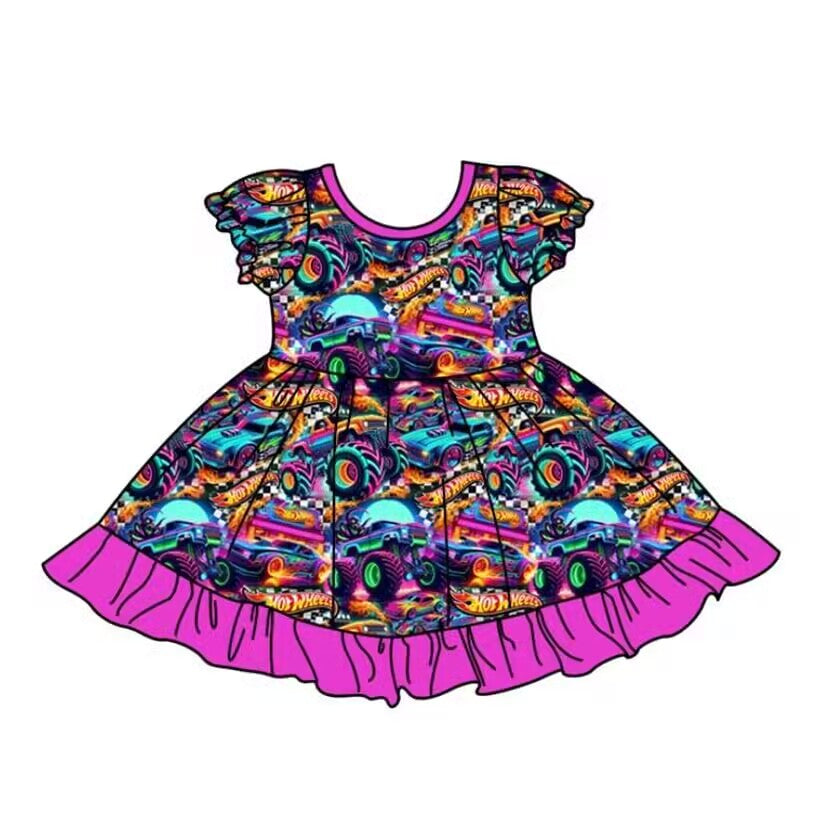 (Custom Design Preorder MOQ 5) Monster Trucks Print Girls Knee Length Summer Dress