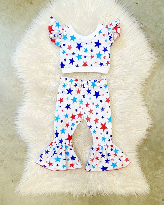 (Custom Design Preorder MOQ 5) Stars Print Girls 4th of July Clothes Set