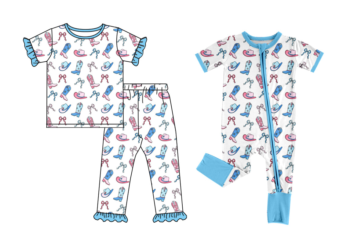 5.22(Custom Design Preorder MOQ 5 Each Design) Boots Bows Print Girls 4th of July Pajamas Matching Clothes Sisters Wear
