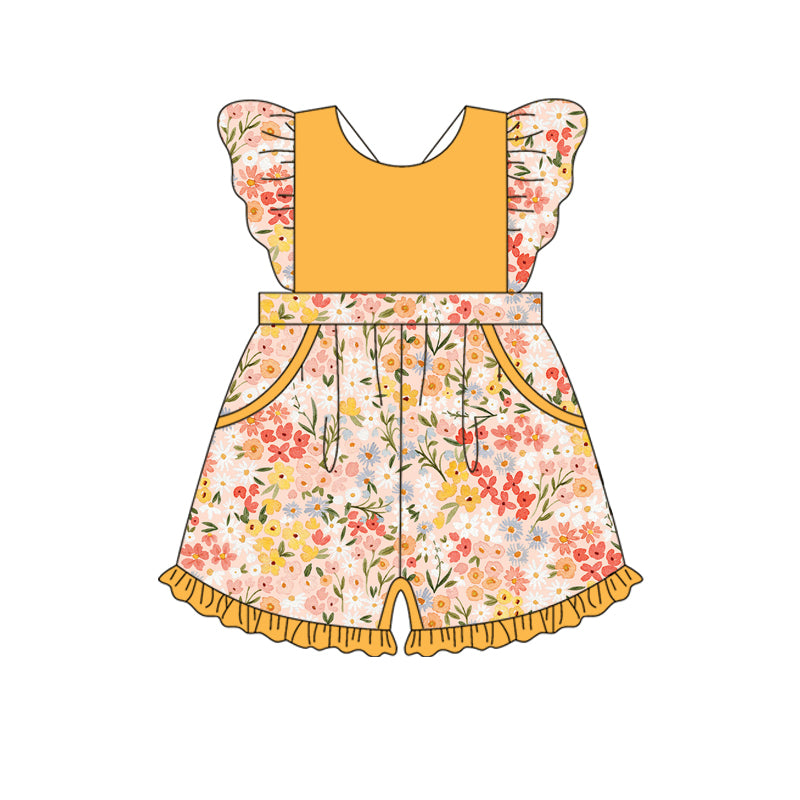 12.10(Custom Design Preorder MOQ 5) Mustard Flaowers Print Girls Summer Pockets Jumpsuits