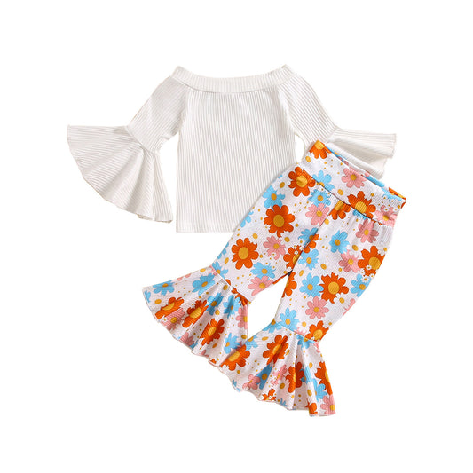 (Custom Design Preorder MOQ 5) White Top Flowers Pants Girls Fall Clothes Set