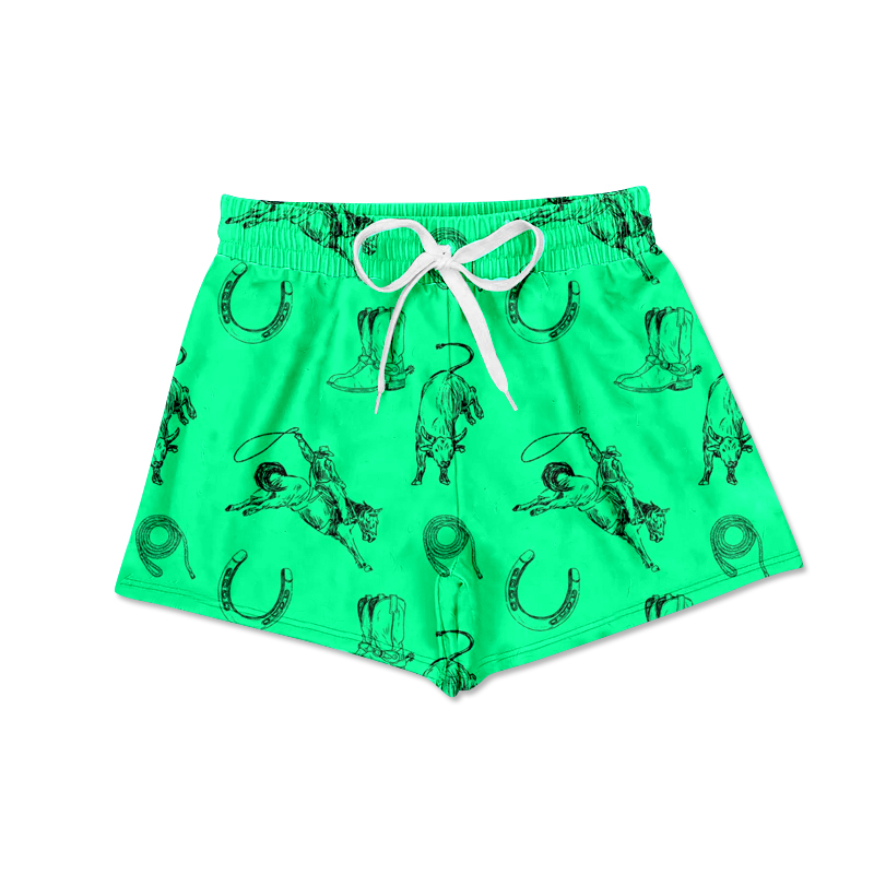 (Custom Design Preorder MOQ 5)  Green Rodeo Cow Print Boys Western Swim Trunks