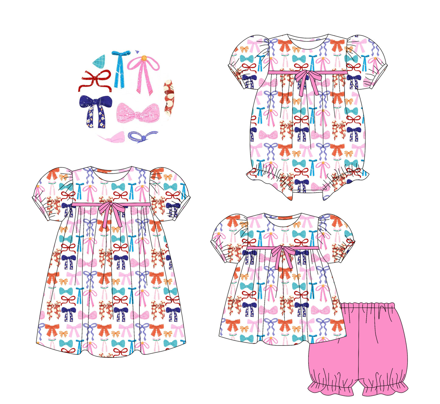 5.24(Custom Design Preorder MOQ 5 Each Design) Colorful Bows Print Girls Summer Matching Clothes Sisters Wear