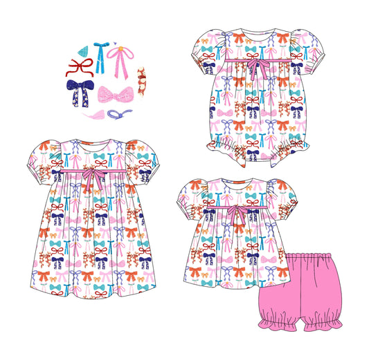 5.24(Custom Design Preorder MOQ 5 Each Design) Colorful Bows Print Girls Summer Matching Clothes Sisters Wear