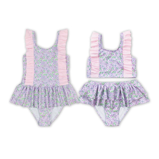 Pink Flowers Print Sister Summer Matching Swimsuits