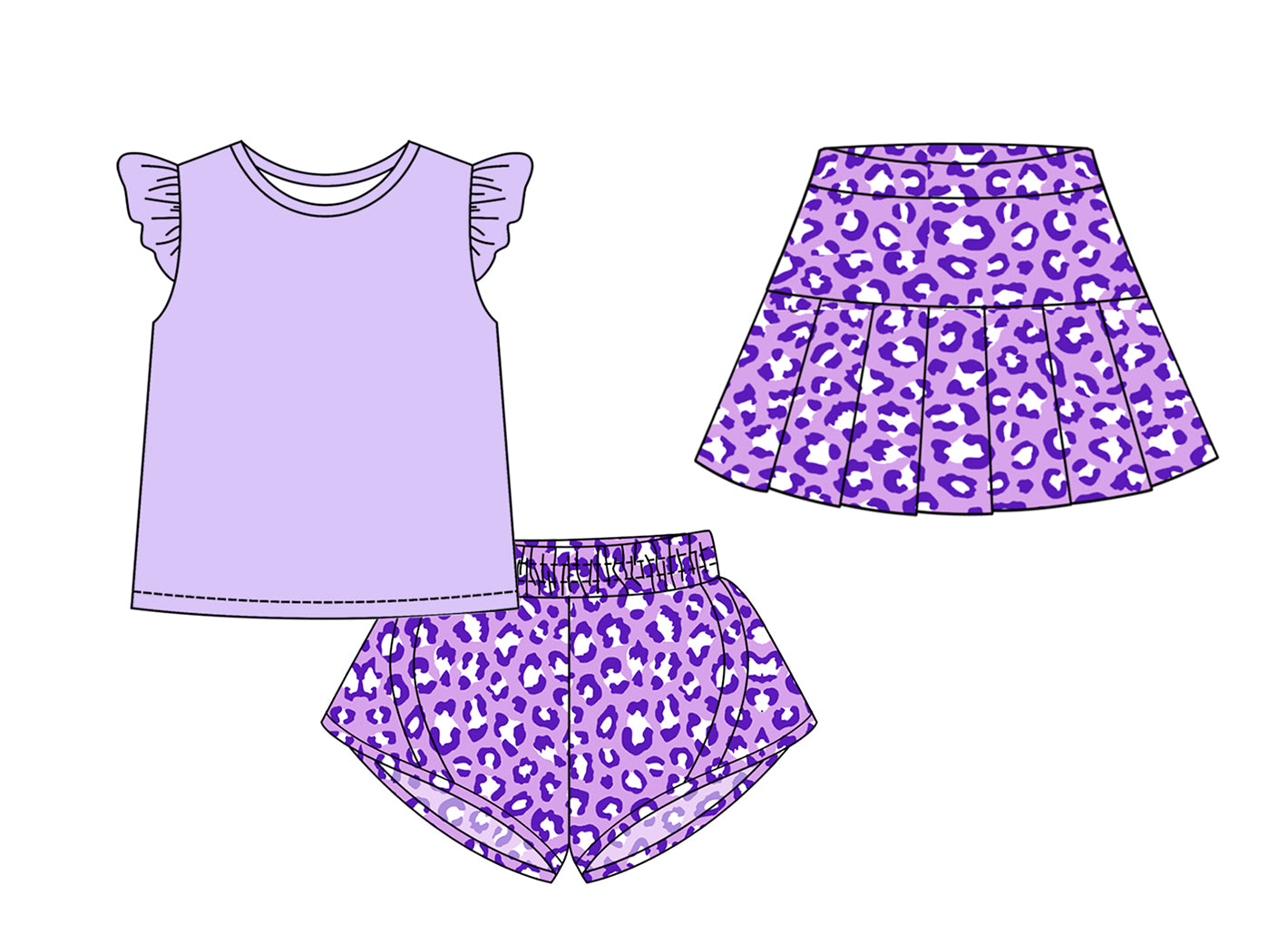 3.7(Custom Design Preorder MOQ 5 Each Design) Purple Top Leopard Shorts Skirts Girls Summer Matching Clothes Sisters Wear