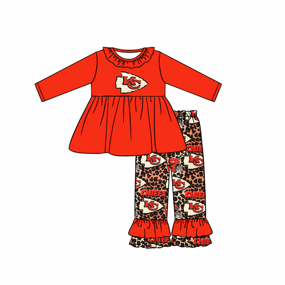 (Custom Design Preorder MOQ 5) Team's KC Red Tunic Top Leopard Ruffle Pants Girls Fall Clothes Set