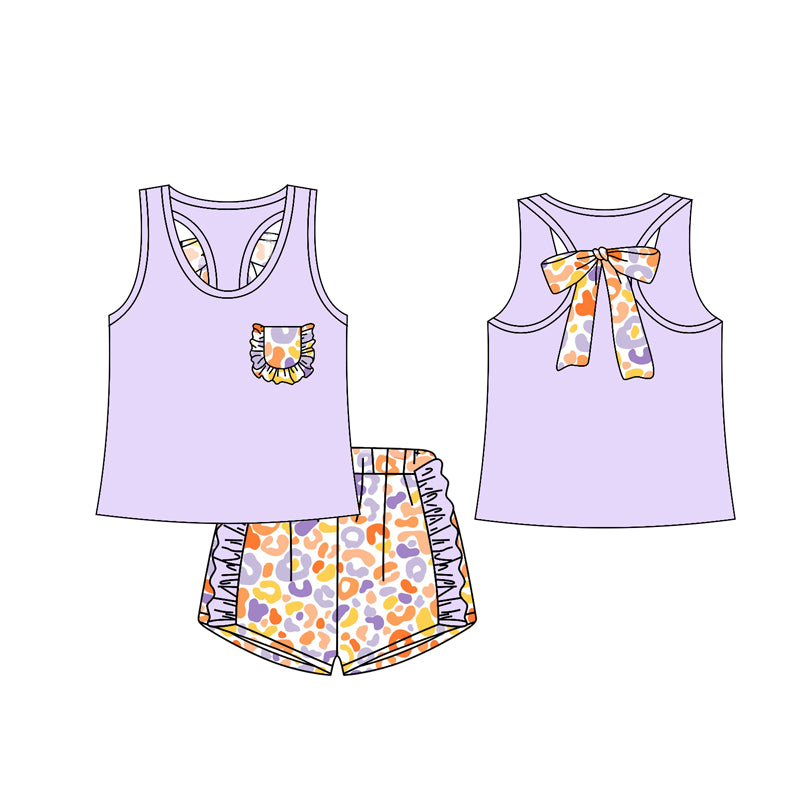 12.13(Custom Design Preorder MOQ 5) Purple Pocket Vest Top Leopard Shorts Girls Summer Clothes Set