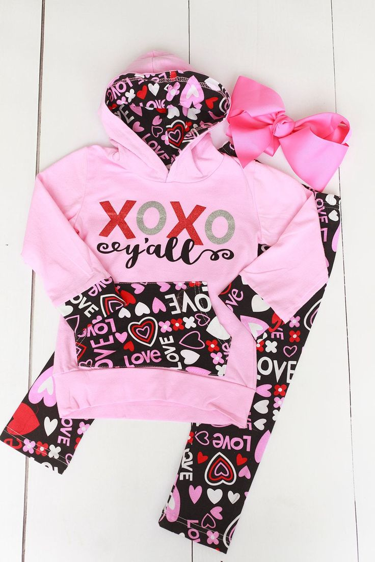 (Custom Design MOQ 5) XOXO Pink Heart Print Kids Valentine's Hoodie Clothes Set