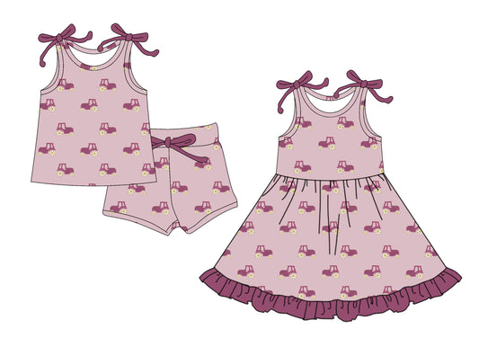 4.14(Custom Design Preorder MOQ 5 Each Design) Tractors Flowers Print Girls Summer Matching Clothes Sisters Wear