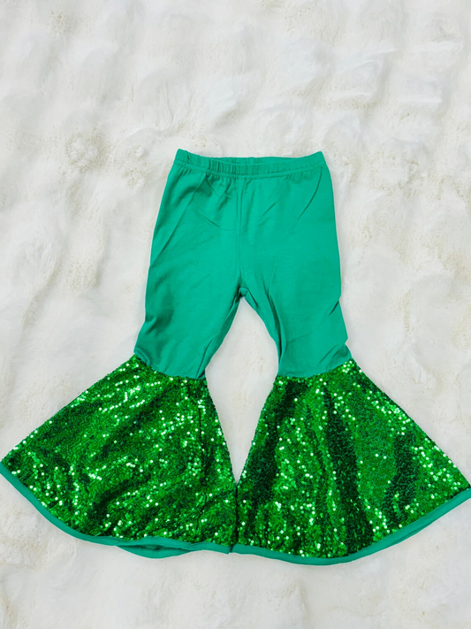 (Custom Design Preorder MOQ 5) Green Sequins Ruffle Girls Bell Bottom Pants
