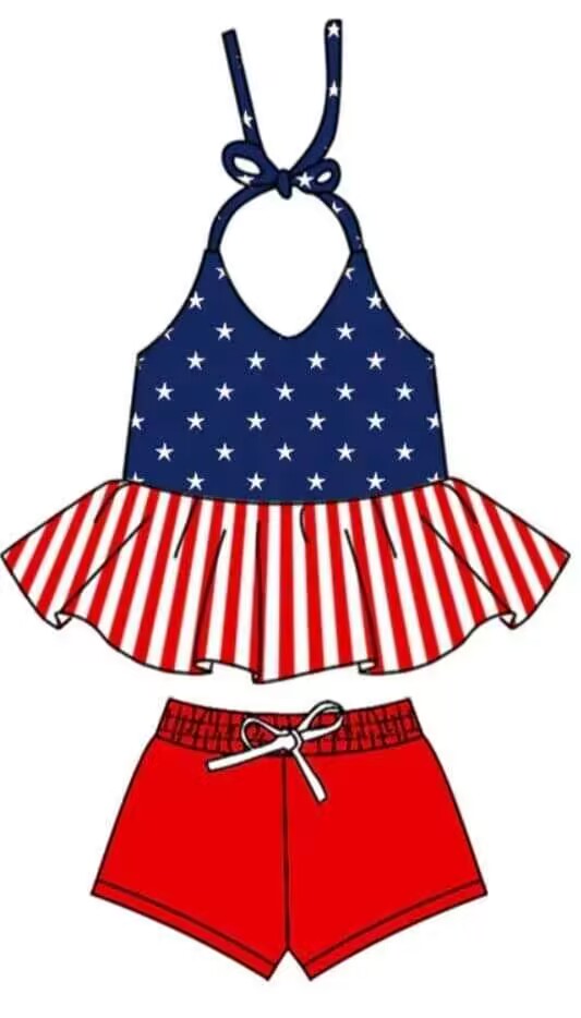 (Custom Design Preorder MOQ 5)  Stars Top Red Shorts Girls 4th of July Clothes Set