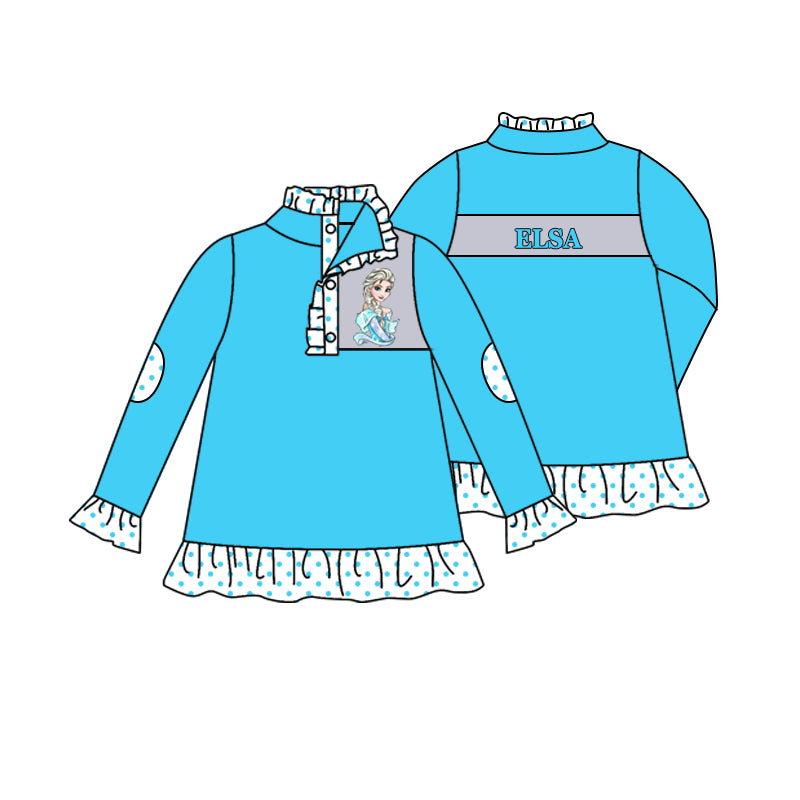 11.16(Custom Design Preorder MOQ 5)Cartoon Princess Els* Blue Print Long Sleeve Girls Pullover Fall Tee Shirts Top