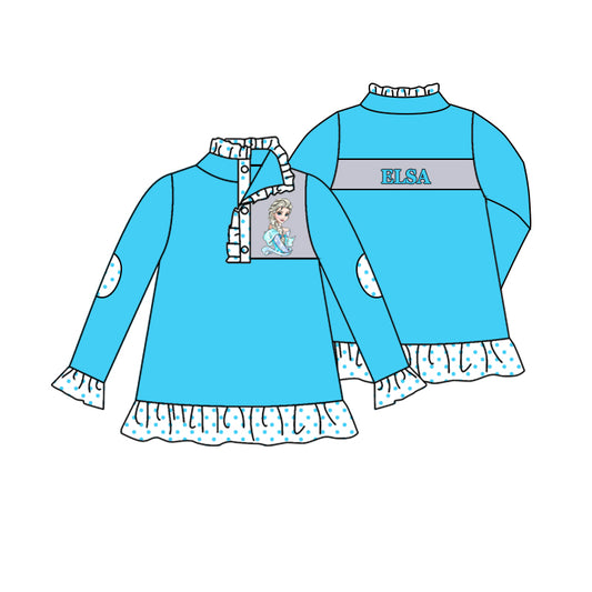 11.16(Custom Design Preorder MOQ 5)Cartoon Princess Els* Blue Print Long Sleeve Girls Pullover Fall Tee Shirts Top