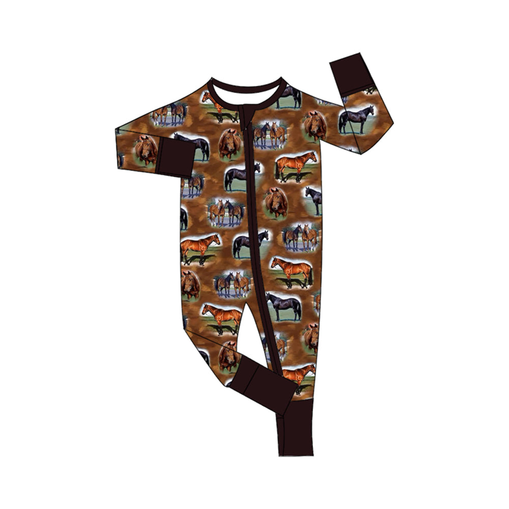 (Custom Design Preorder MOQ 5)  Horse Brown Print Baby Boys Bamboo Fall Sleeper Zipper Romper