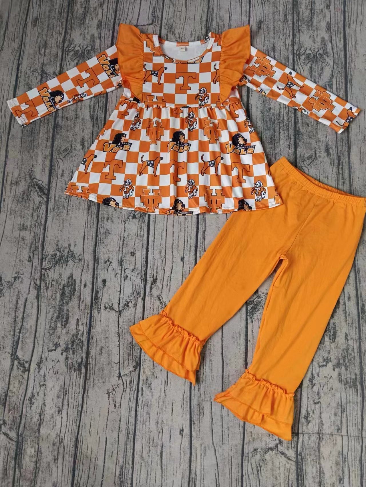 (Custom Design Preorder MOQ 3) Team's Tennessee Dog Tunic Top Ruffle Pants Girls Clothes Set