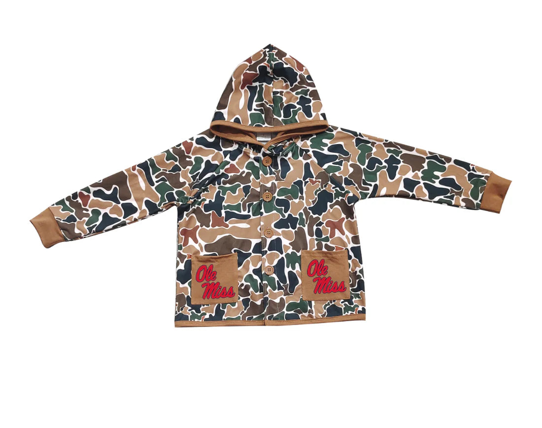 (Custom Design Preorder MOQ 5 Each Item) Team's Ole Miss Brown Camo Print Pockets Buttons Kids Fall Hoodie Jackets Top Mom and Me Matching Clothes