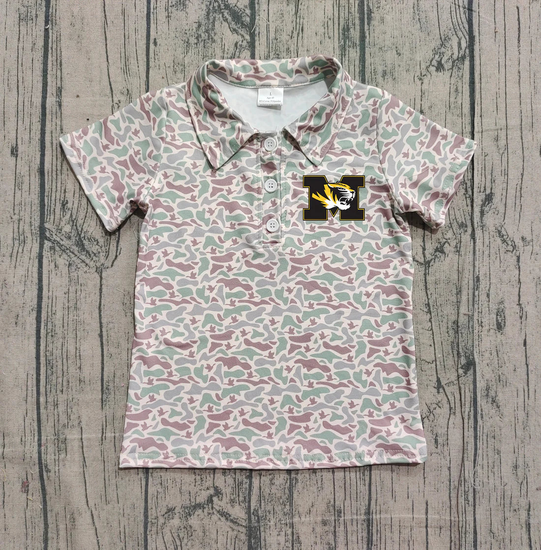 (Custom Design Preorder MOQ 5 Each Item) Team's Missouri Tigers Duck Green Camo Print Short Sleeve Polo Top Mom and Me Matching Clothes