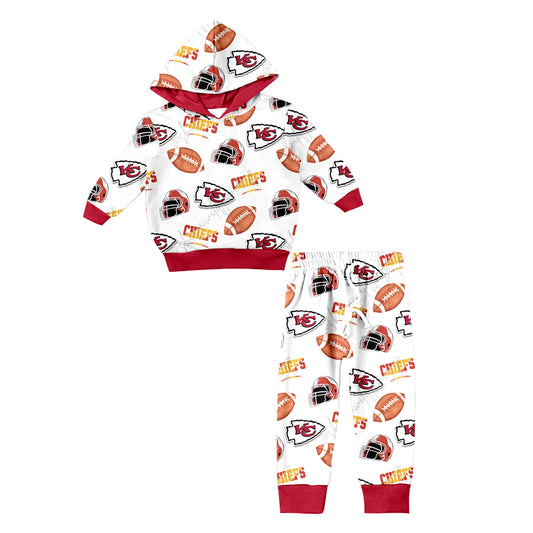 (Custom Design Preorder MOQ 5) Team's KC White Print Pockets Pants Kids Fall Hoodie Clothes Set