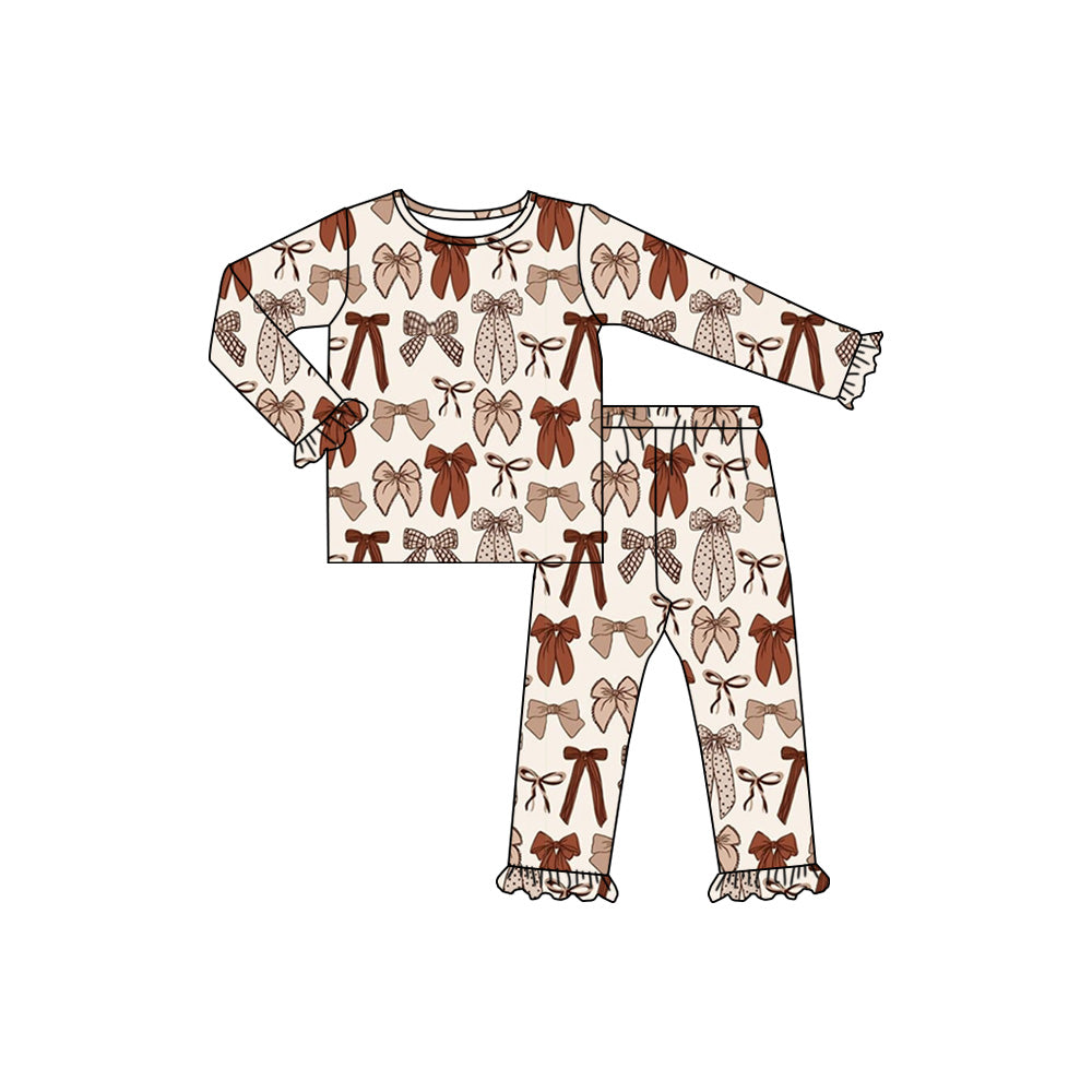 (Custom Design Preorder MOQ 5) Brown Bows Print Girls Fall Pajamas Clothes Set