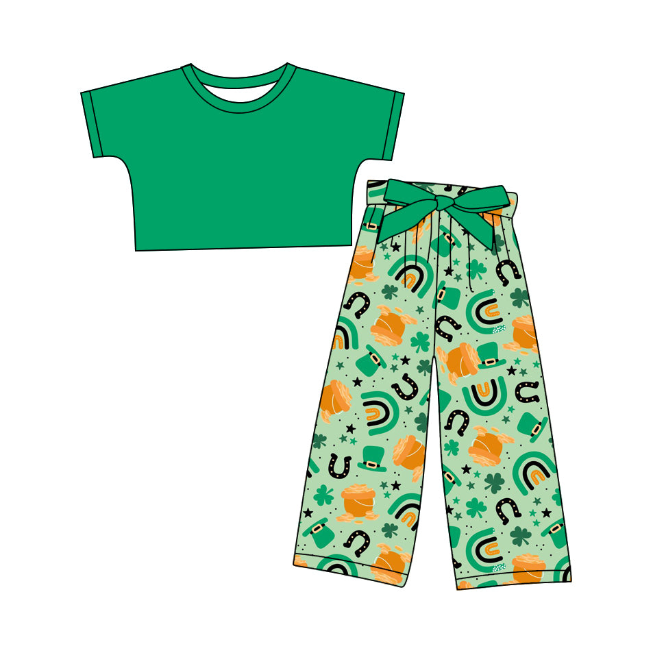 12.10(Custom Design Preorder MOQ 5) Green Top Golden Rainbow Pants Girls St. Patrick's Day Clothes Set