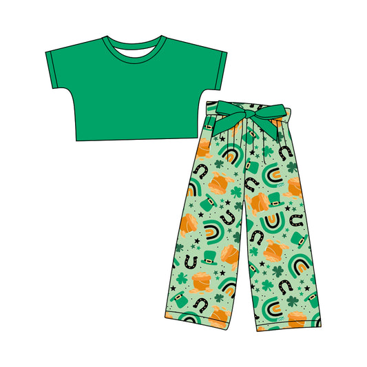 12.10(Custom Design Preorder MOQ 5) Green Top Golden Rainbow Pants Girls St. Patrick's Day Clothes Set