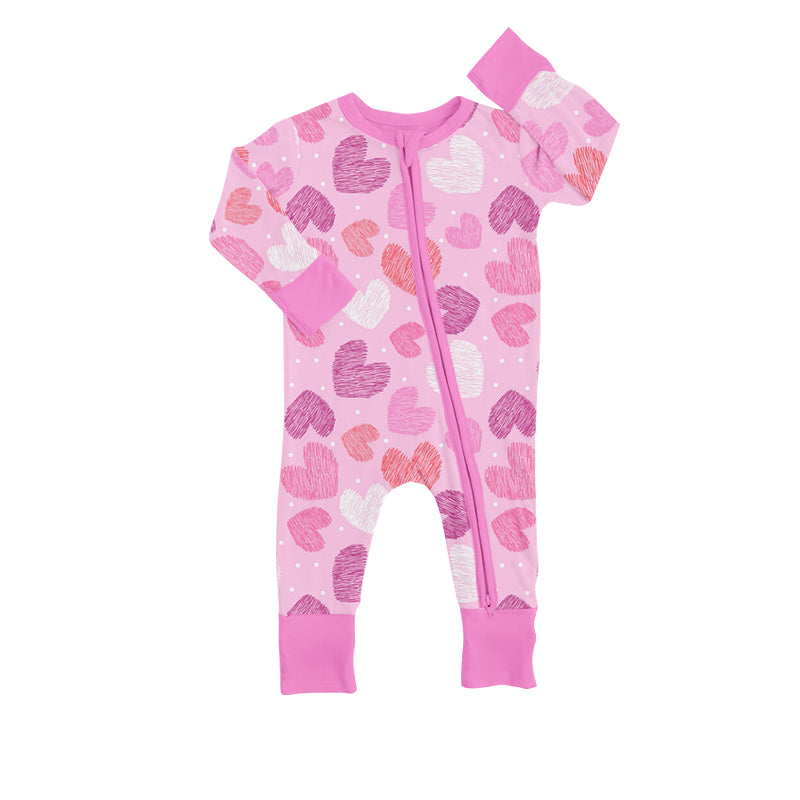 (Custom Design Preorder MOQ 5) Pink Heart Print Baby Girls Valentine's Zipper Romper