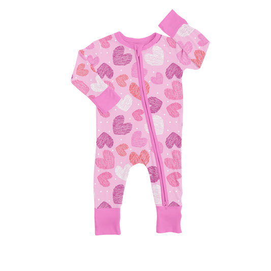 (Custom Design Preorder MOQ 5) Pink Heart Print Baby Girls Valentine's Zipper Romper