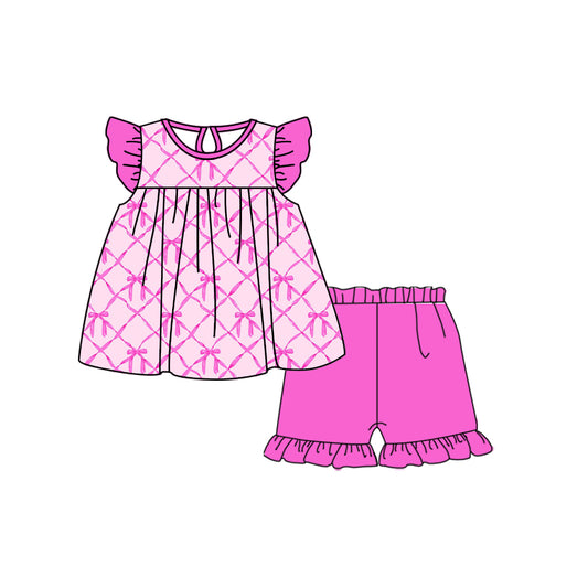 (Custom Design Preorder MOQ 5) Hot Pink Bows Print Top Ruffle Shorts Girls Summer Clothes Set