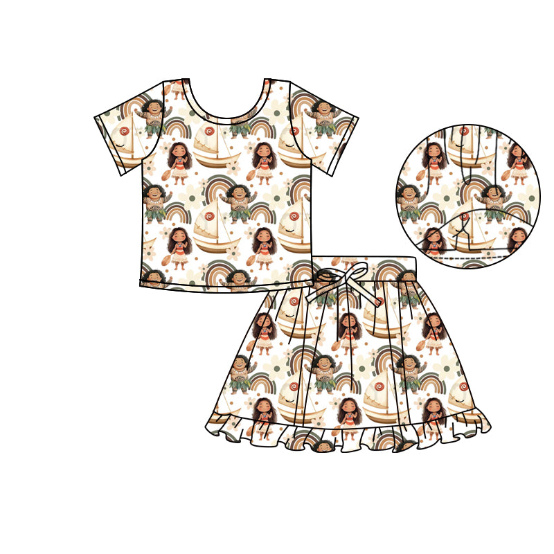 (Custom Design Preorder MOQ 5) Cartoon Princess Moann* Rainbow Top Skirts Shorts Girls Summer Clothes Set