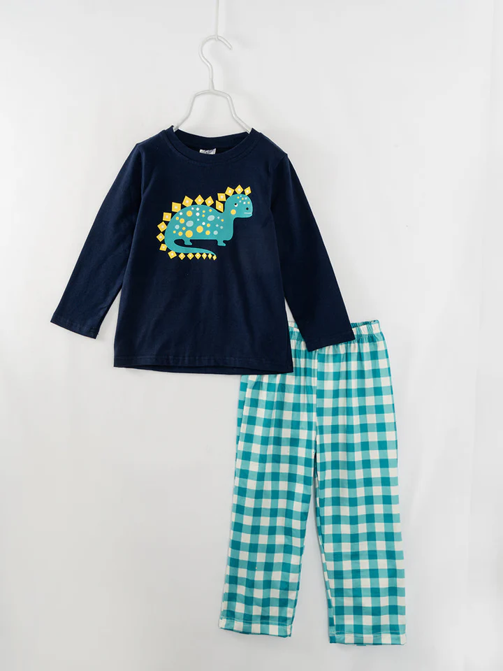 (Custom Design Preorder MOQ 5) Dino Top Plaid Pants Boys Fall Clothes Set